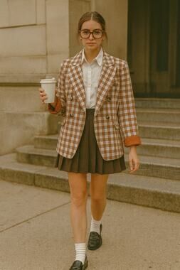 Nine West Checkered Brown Plaid Blazer Espresso Officewear XS — Double-Breasted